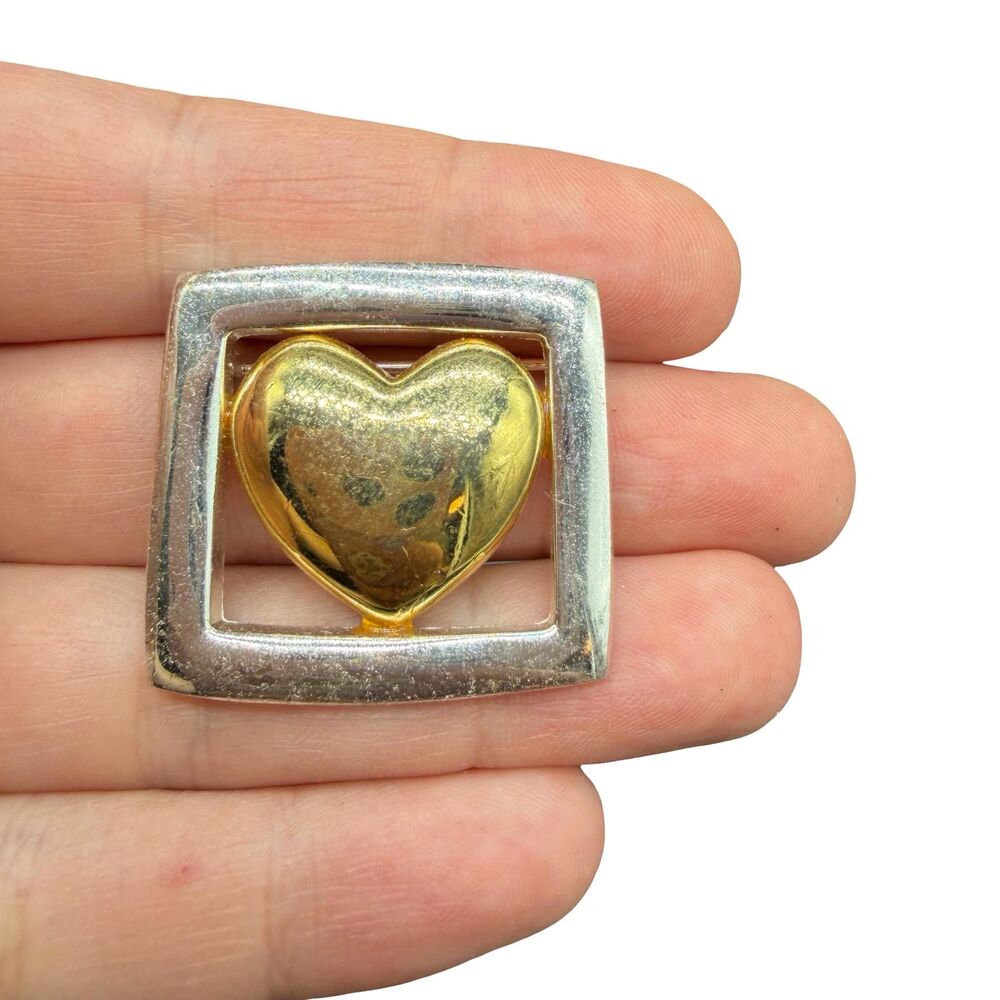 Vintage Jewelry Gold and Silver Tone Framed Heart Brooch pin